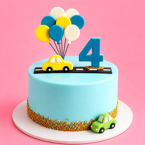 Blue Car & Balloon 4th Birthday Cake
