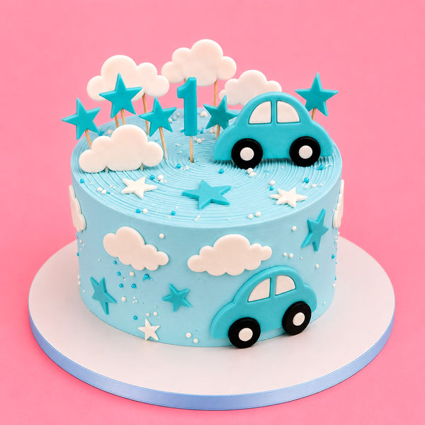 Blue Car, Clouds & Stars 1st Birthday Cake