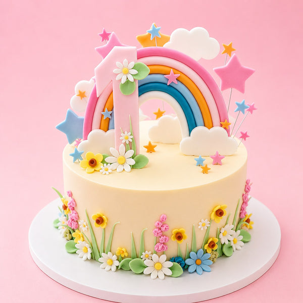 Pastel Rainbow Daisy First Birthday Cake