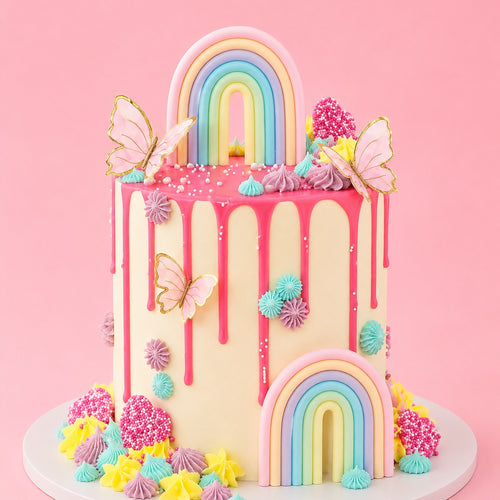 Pink Drip Butterfly Rainbow Cake