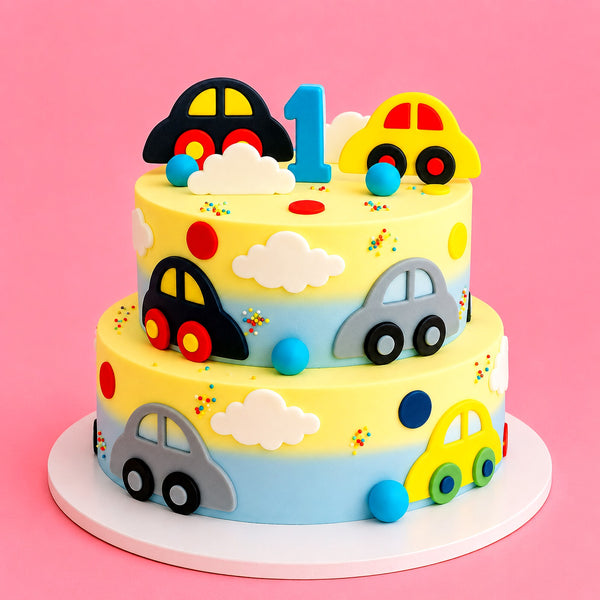 Two-Tier Car & Cloud 1st Birthday Cake