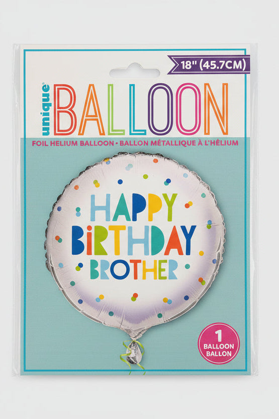 Packaged foil balloon with 'Happy Birthday Brother' text on a red background