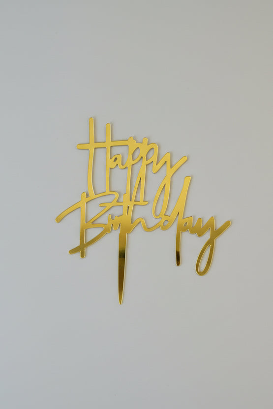 Modern "Happy Birthday" Script Gold Cake Topper