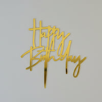 Modern "Happy Birthday" Script Gold Cake Topper