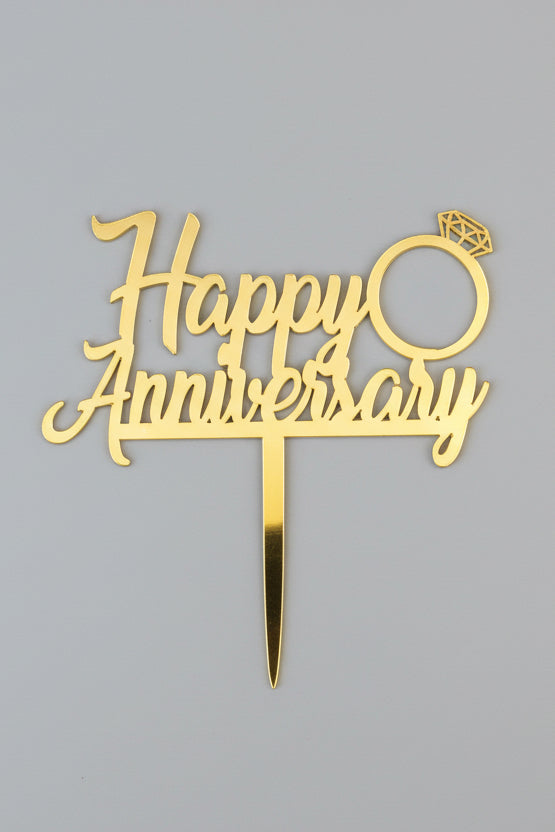 Happy Anniversary" Diamond Ring Gold Cake Topper