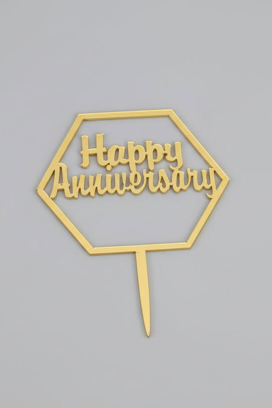 Geometric Hexagon "Happy Anniversary" Gold Cake Topper